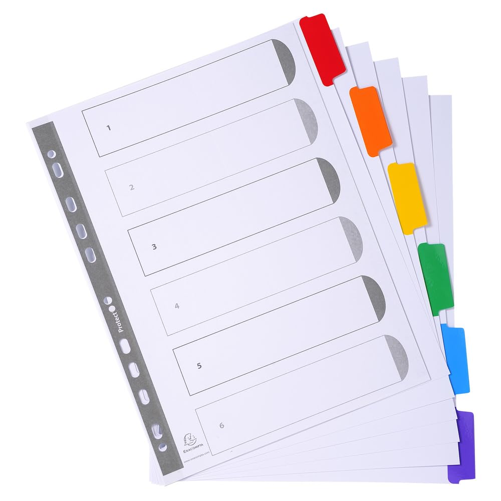 Exacompta - Rif. 4306E - Cartone da 20 divisori in carta bianca 160 g/m2 FSC® con 6 linguette neutre a colori, rinforzati e plastificati, pagina di indicizzazione stampabile, formato A4 maxi