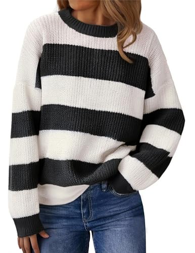 Image of Libsorge Womens Striped Sweater Oversized Cute Color Block Sweaters Spring 2026 Trendy Knit Crew Neck Thin Pullover