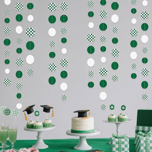 Image of Green Party Decorations White Green Checkered Circle Dots Streamer Hanging Paper Polka Dot Garland for Birthday Wedding Shower Bachelorette Christmas Dinosaur Arbor Day Picnic Golf Party Supplies