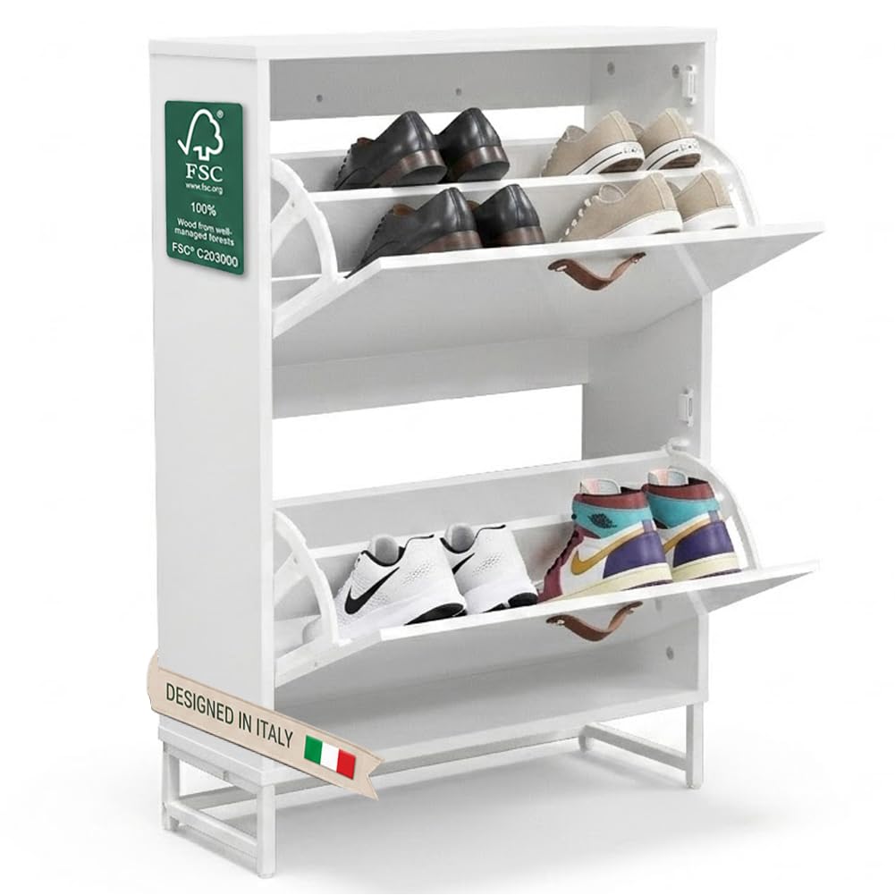 Shally Dogan Scarpiera 2 Ante Ribaltabili con Doppio Fondo, Mobile Porta Scarpe Bianco Salvaspazio con Maniglie Effetto Pelle Moderno, Ideale per Ingresso, Camera da Letto, Soggiorno, 63 x 24 x 90 cm