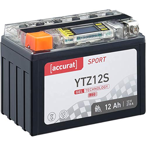 Accurat Batterie de moto YTZ12S 12 Ah 210 A 12V Technologie gel + Écran LCD Batterie de démarrage Performante Robuste Résistante aux vibrations Zéro maintenance Cover
