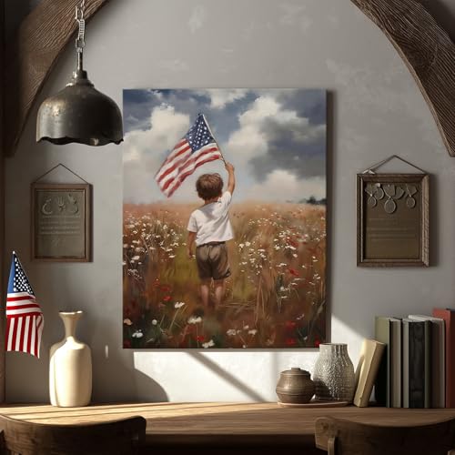 Image of Sunwes Patriotic Memorial Day Wall Art, Little Boy Holding American Flag in Flower Field Print, Inspirational USA Independence Day Framed Poster Oil Painting for Family Room or Entryway 11x14inch