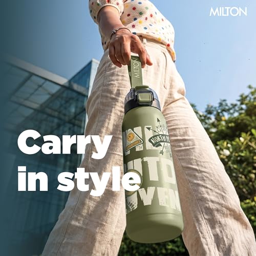 Image of Milton Steel Edge 900 Thermoware Water Bottle 600 ml with One Touch Safety Lock & Twin Lid Sip or Gulp,Long Hours Hot & Cold,Leak Proof,ISI Certified,Vacuum Insulated,Office,Gym,School,Military Green