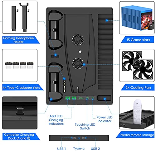 Image of New World Vertical Stand for PS5 Digital Edition and Disc Edition Console with Cooling Fan, Controller Charging Station and 15 Game Cards Slots and Headset Stand for PS5