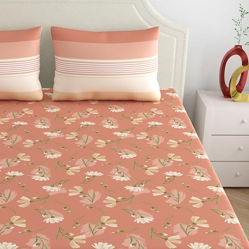 Image of Dreamscape 100% Cotton Fitted Queen Bedsheets with 2 Pillow Covers Cotton (Size 60 x 78 inches, 140TC, Colour Brown)