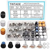 TWTADE 84PCS Potentiometer Kit WH148 B5K B10K B20K B50K B100K Ohm Linear Rotary Potentiometer with Plastic Knobs,Aluminum Alloy Knobs,Nuts and washers H-023