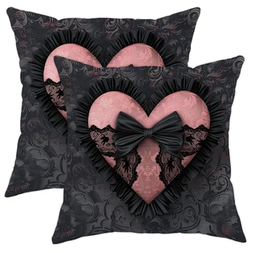 Romantic Valentine Heart Throw Pillow Cover Set of 2 Gothic Dark Bow Tie Pink Black Velvet Washable Victorian Cushion Covers Decor for Home Couch Indoor Dorm 18x18 Inch