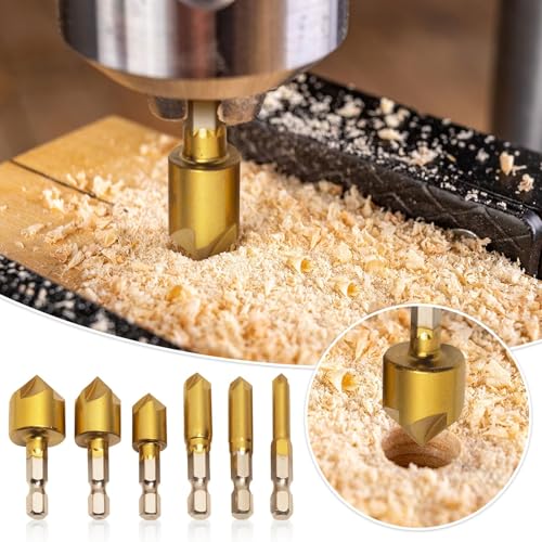 12 PCS Countersink Drill Bit Set, 6 PCS High Speed Steel Counter Sinker Drill Bits 5 Flute, 5Pcs Titanium Plating 1/4inch Hex Shank Power Tools with L-Wrench for Woodworking, Wood Drilling - Image 5