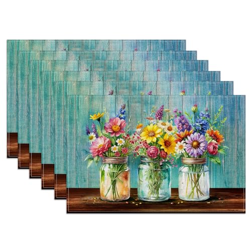 Rustic Flower Placemats Set of 6, Spring Flower Vase Linen Place Mat Washable Stain Resistant Table Mats for Farmhouse Kitchen Party Wedding 12x18 Inch