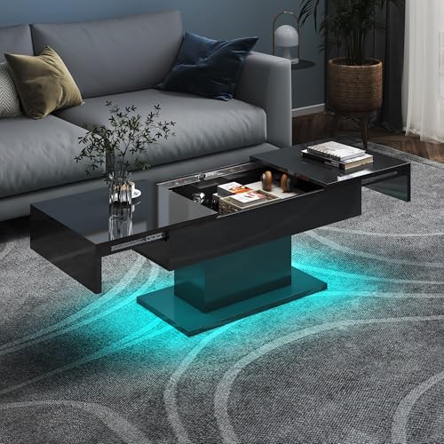 KEEPREAPER High Gloss Coffee Table with 16-Color LED Lighting | Modern Black Hidden Storage Drawers & Sliding Top | Space-Saving Design for Living Room | Black