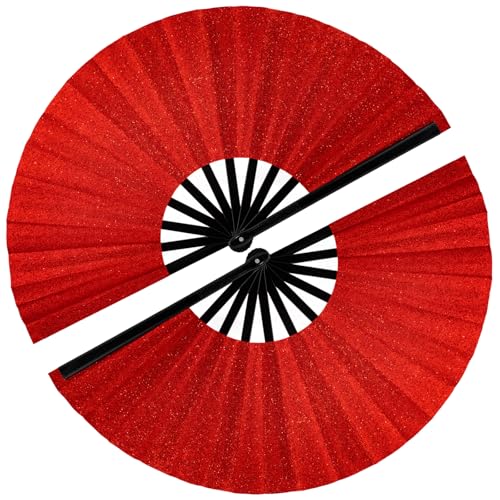 2 PCS Boots on The Ground Fan Clap Fans for Line Dancing 13 Glitter Large Rave Fans Folding Clack Handheld Foldable Hand Fan for Dance EDM Music Festivals & Parties(Red)