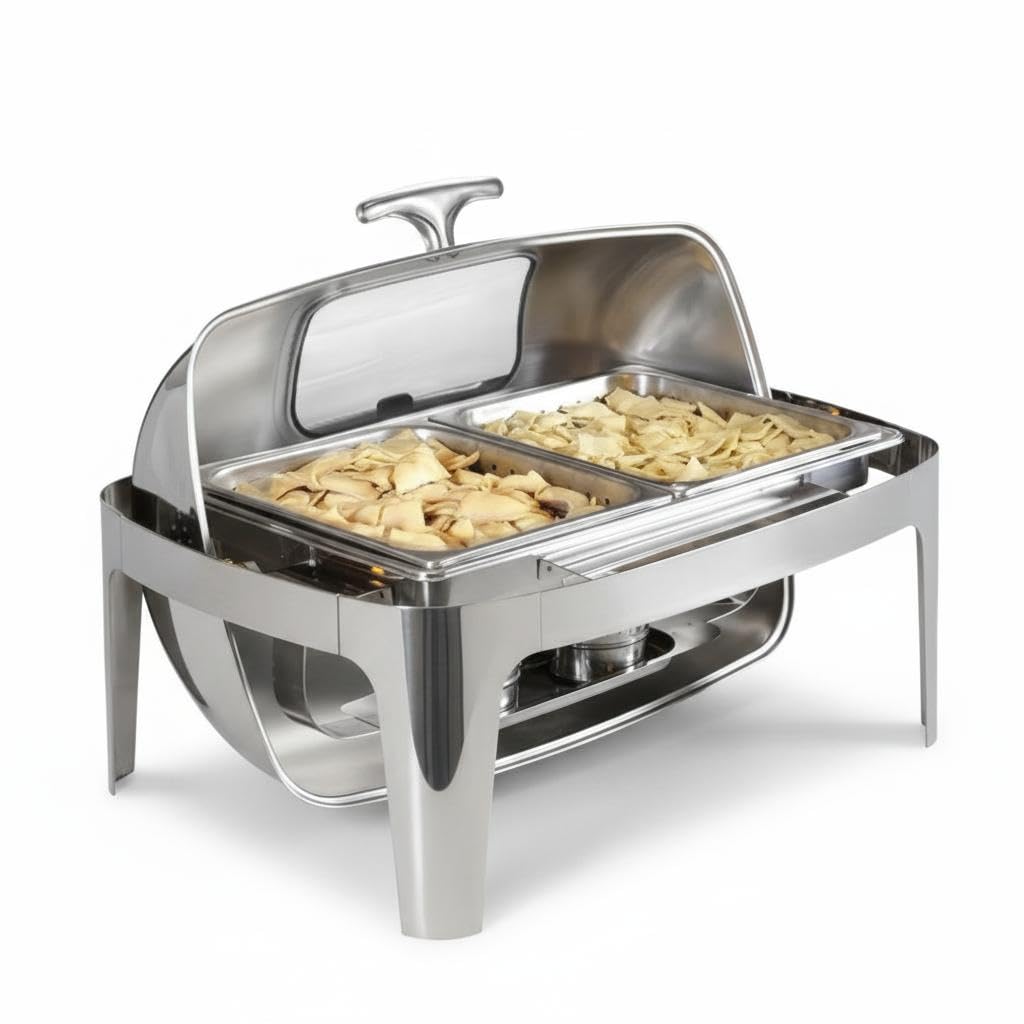 GarveeHome Chafing Dish Speisewärmer, 9 L, Rechteckiger Buffetwärmer aus 201 Edelstahl mit Sichtfenster & Roll-Top-Deckel, mit 1 Full-Size-Speisenbehälter (1/1), für Buffet, Catering, Hochzeit & Party