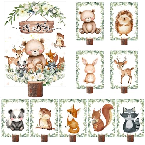Weekgrat 10 Pcs Woodland Centerpieces and Wooden Stands Woodland Animal Baby Shower Decorations Double Side Forest Themed Birthday Party Supplies Jungle Creatures Wild One Party Decor for Table
