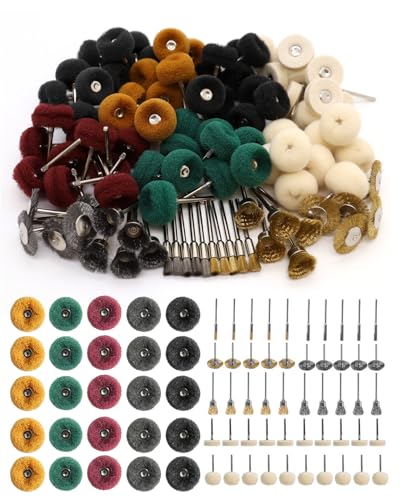 Image of 100Pcs Polishing Kit for Dremel, Buffing Polishing Wheel Wire Brush Set, Shank 1 /8 Inch Shank Polishing Kit for Metal Wood Watch Jewelry Brass