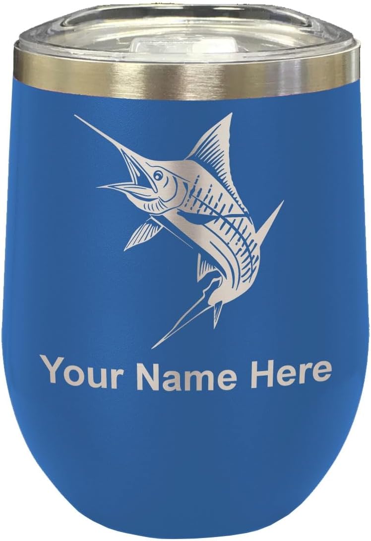 LaserGram 16oz Double Wall Stainless Steel Wine Glass Tumbler, Marlin Fish, Personalized Engraving Included (Black)