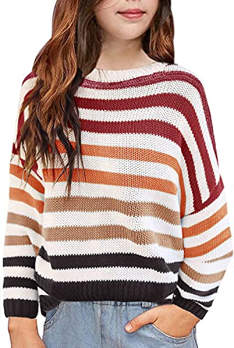 Aermony Girls Sweaters Long Sleeve Color Block Striped Oversized Sweater For Kids Knitted Crew Neck Pullovers Tops, 9-10 Years #TOP18