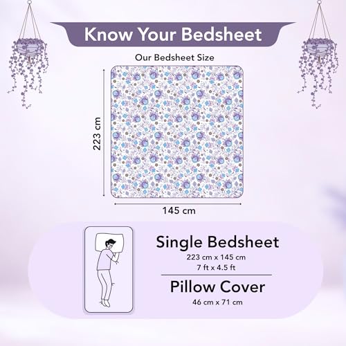 Image of Divine Casa 144 TC 100% Cotton Single Bedsheet for Single Bed with 1 Pillow Cover | Soft Breathable Comfortable Cotton Bedsheet Set for Bedroom & Guest Room | 145 x 223 cm (Purple Blue, Floral)