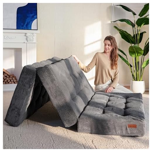 MAXYOYO Tri-Fold Mattress, 6 Inch Tufted Folding Futon Foam Bed, Foldable Floor Mattress Guest Bed Futon Topper Portable Camping Sleeping with Corded Fabric, Dark Grey, 35.4"x75"