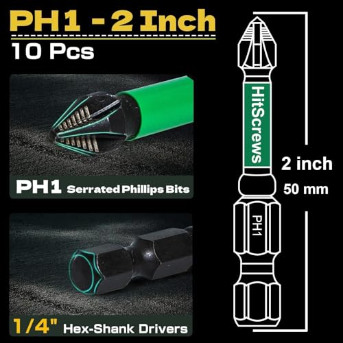 Image of PH1 Anti-Slip Screwdriver Bits - 2 inch Phillips Impact Driver Bits #1, 2025 New Laser-Etched Design, Impact-Resistant S2 Tool Steel, Magnetic Tip, 10-Pack for High Torque & Precision Work