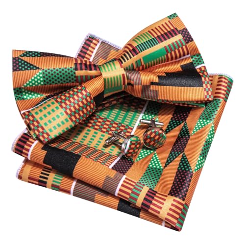 Image of Barry.Wang Paisley Striped Bow Tie for Men Silk Pre-Tied Bowtie Pocket Square Cufflinks Set Formal Wedding Party Prom