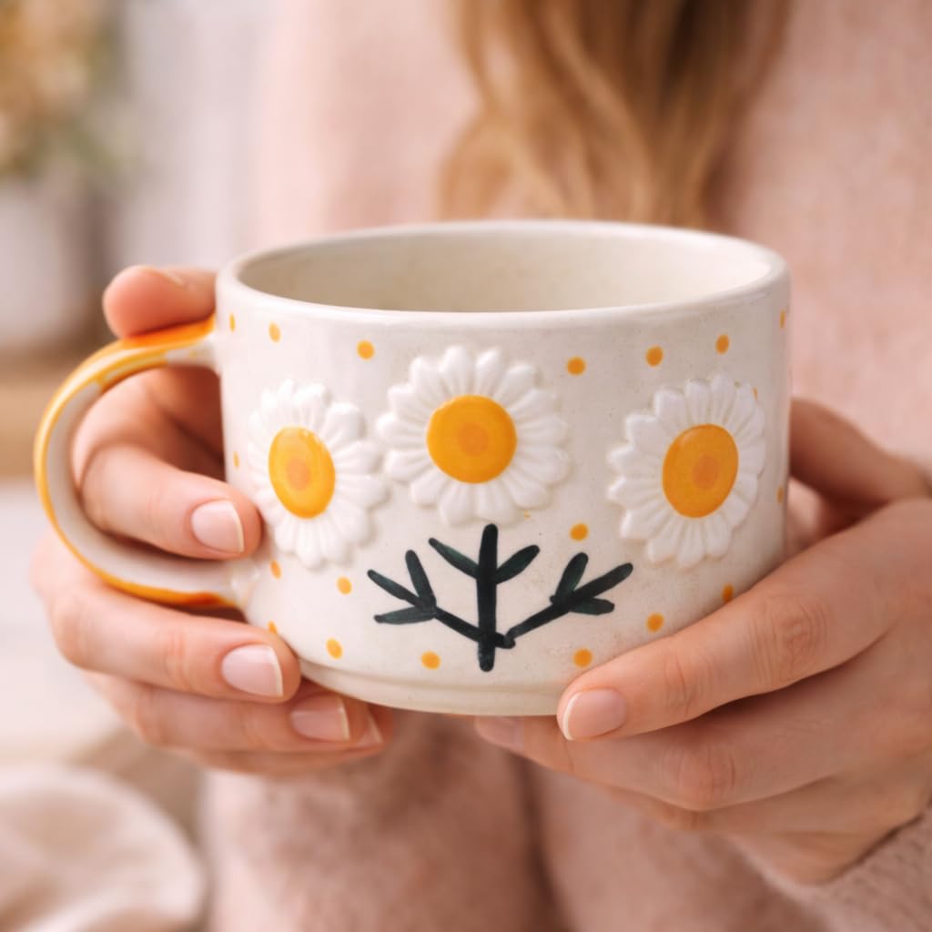 Handcrafted Ceramic Floral Coffee Mug | Daisy Flower Design Tea & Coffee Cup for Home, Office & Gifting | Microwave Safe Mug (Set of 1)