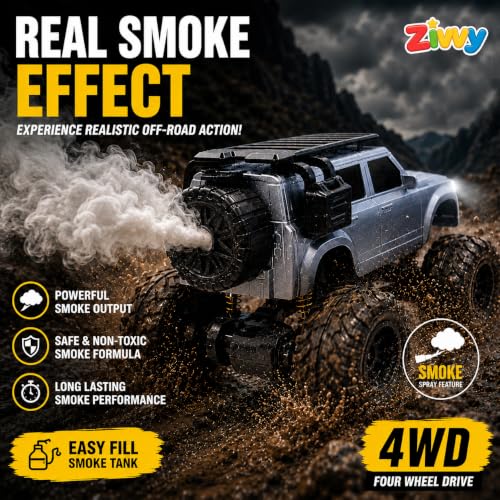Image of Big Silver Remote Control Car Toy | Defender | Smoke and LED Light | Monster Truck Remote Control 4x4 | Rechargeable Car | 2.4G Remote Control |High Speed | 100m Range | Birthday Gift for Kids