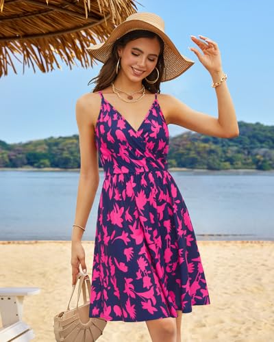 Image of STYLEWORD Womens Sundress Summer Floral Wrap V Neck Backless A-Line Casual Beach Midi Dress