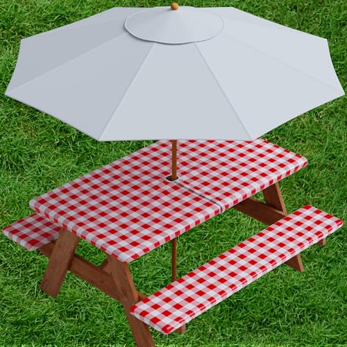 Sorfey Vinyl Umbrella Picnic Table and Bench Fitted Tablecloth Cover, Checkered Design, Flannel Backed Lining, 30x60 Inch, 3-Piece Set, Red