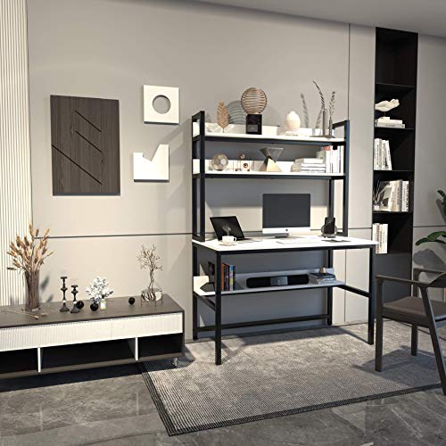 Computer Desk with Hutch, White Space Saving Desk with 3 Tier Bookshelves, (65 inch Height) Home Office Metal Black Legs Table with Upper Storage Shelves for Study Writing/Workstation, Easy Assemble
