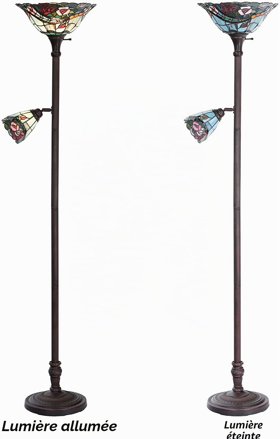 Bieye L30739 Lampe torchère en verre teinté de style Tiffany avec abat-jour de 14pouces de large et abat-jour rotatif de 6 pouces pour la lecture de travail, 70pouces de hauteur