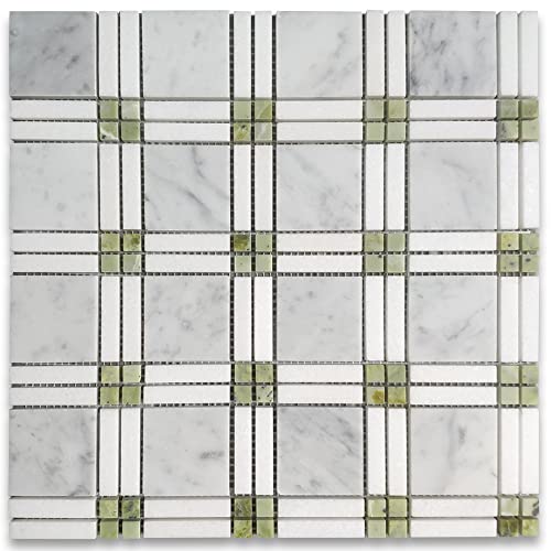 Stone Center Online Carrara White Marble Plaid Tartan Mosaic Tile
