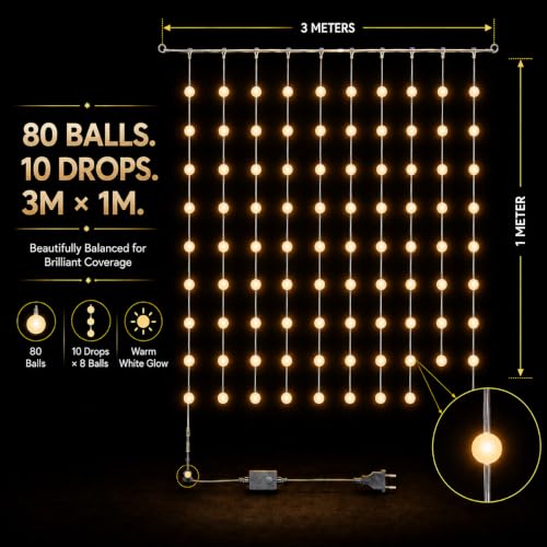 Image of Gesto Ball Curtain Fairy Lights for Decoration - 80 Led String Lights with 8 Modes Changer | Warm White Decorative Lights for Home Decor, Room,Wall, Balcony, Christmas & Diwali Decoration- 10x3 Ft