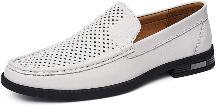 Men's Breathable Leather Loafers, Perforated Slip-On Dress Shoes, Office, Driving, Wedding, Party