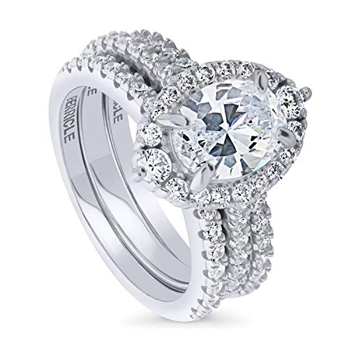BERRICLE Rhodium Plated Sterling Silver Oval Cut Cubic Zirconia CZ Halo Engagement Wedding Ring Set 3 CTW Size 6