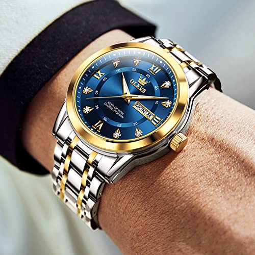 Image of OLEVS Men Watch Blue Gold Analog Quartz Stainless Steel Waterproof Luminous Date Luxury Casual Watch