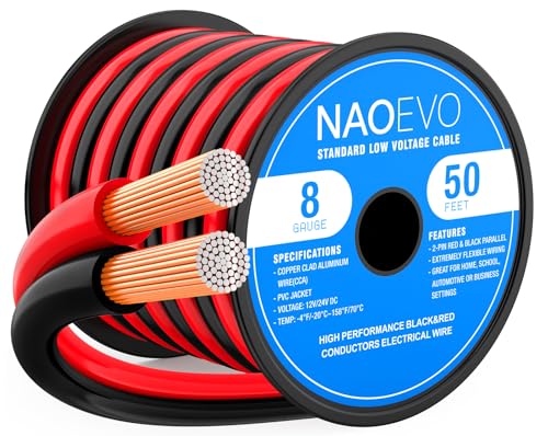 NAOEVO 8 Gauge Wire 50FT 2 Conductors Electrical Wire Red Black Cable Flexible/Low Voltage/PVC 8 AWG Copper Clad Aluminum Extension Cord for Speaker LED Strips Automotive 12V/24V DC