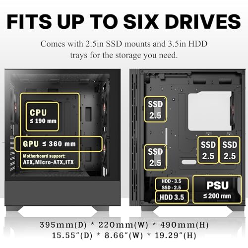 PCZZOI PC CASE ATX 3 Case Fans Pre-Installed, Mid Tower Computer Case with Tempered Glass, Printed Walnut Wood Panels,Support 360mm Radiator,Black Gaming Desktop Case (H3) - Image 4