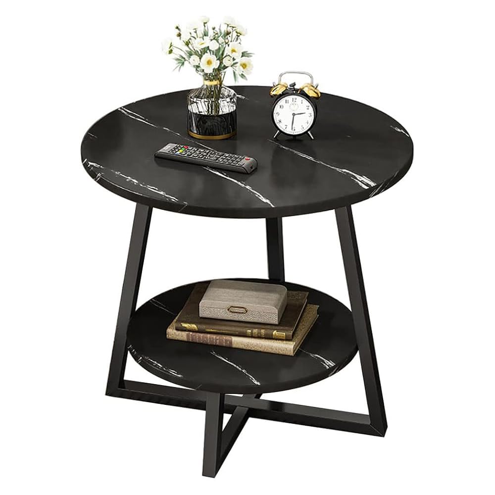 TOMVAESSide Table, Small End Table, Round Side Table Nightstand, 2-Tier Round Coffee Table, Marble Like Side Table for Sofa, Living Room, Bedroom and Small Spaces gery (black)
