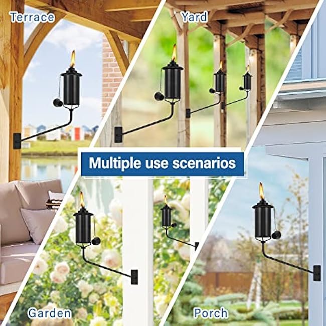 Wall Mounted Citronella Torches Set of 6, 16 oz Garden Torches for Outside, Refillable Flame Light Torch, Outdoor Metal Torch for Yard, Patio, Deck, Garden, Party, Landscape