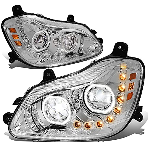 DNA MOTORING HL-HAY-010-CH Pair of Dual LED Halo Rings Sequential Turn Signal Projector Headlights High/Low Beam Compatible with 13-21 Kenworth T680 Chrome