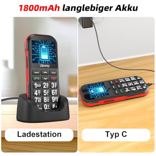 CHAKEYAKE 4G Seniorenhandy Mobiltelefon Ohne Vertrag mit Große Tasten,1800mAh Lange Standby Rentner Senioren Handy Großtastenhandy mit USB-C,SOS-Funktion,Taschenlampe,Ladestation-Schwarz