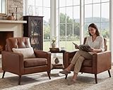 HNY Set of 2 Mid Century Modern Armchair, Button Tufted Faux Leather Accent Chair with Arm, Upholstered Club Chair for Living Room, Bedroom, Rubber Wood Legs, Caramel, 29.1D x 32.3W x 33.1H Inch
