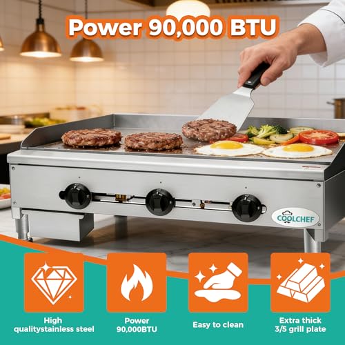 Image of 36 inch Commercial Gas Griddle, 90,000 BTU Countertop Flat Top Grill, 3 Independent Burners, Heavy-Duty Stainless Steel Construction, NG /LP Convertible, ETL Certified