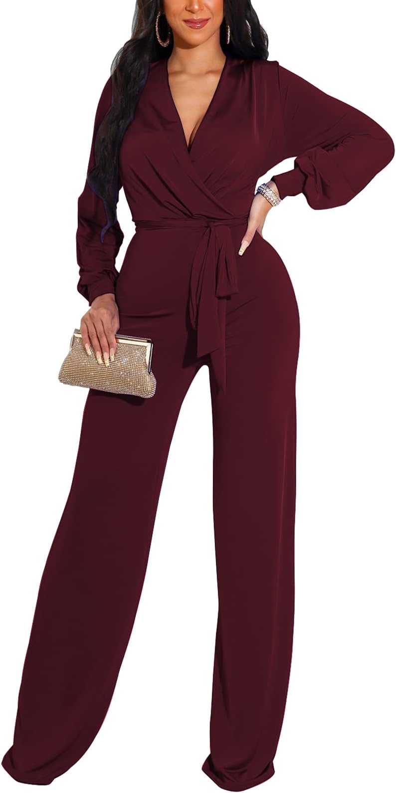 shengfanWomen's Sexy Sparkly Jumpsuits Plus Size Elegant Clubwear Long Sleeve Wide Leg Pants Rompers with Belt