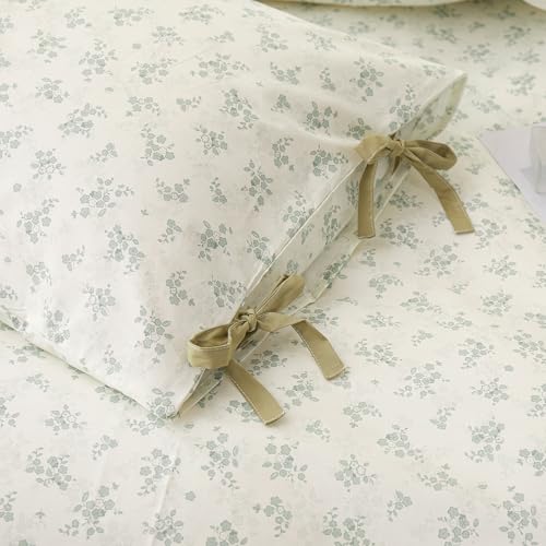 Image of Full Size Comforter Set Vintage Floral Comforter Bedding Set, Aesthetic Coquette Botanical Green Flowers Comforter with 2 Bow Ties Pillowcases, Lightweight Cottagecore Comforter Set for All Season