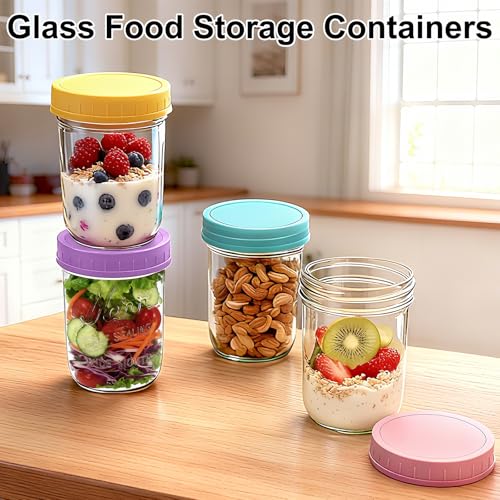 Image of Mason Jars, 16 oz Overnight Oats Containers with Lids, Glass Jars with Lid | 4 Pack Mason Jars with Lids, Leakproof Overnight Oats Jars, Glass Food Storage Containers for Meal Prep, Yogurt, Chia Pudding
