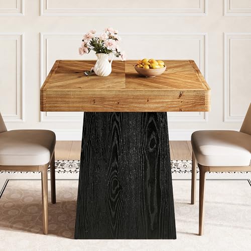 TRIBEWOOD Solid Wood Square Dining Table for 2-4, 31.5' Farmhouse Kitchen Dinner Table with Wooden Parquet Top & Tapered Base for Dining Room, Living Room, Small Space, Rustic Brown and Black