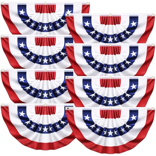 Image of 8 Pack 3x6 Ft American Pleated Fan Flags, USA Patriotic Half Fan Bunting Banners for Outdoor Porch, 250th Anniversary, Memorial Day, Independence Day, 4th of July Decorations