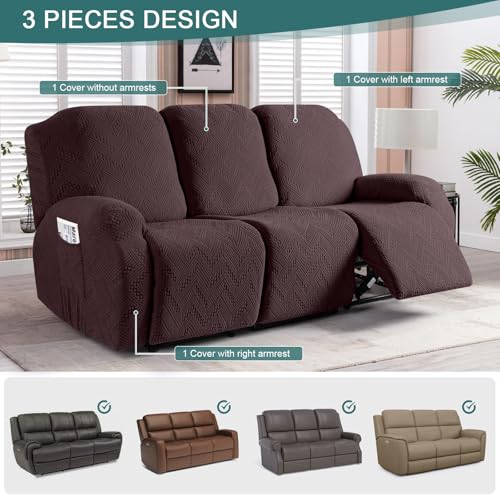 Image of Ruaozz Recliner Sofa Covers Recliner Chair Covers Couch Covers for Reclining Couches with Pockets Washable Furniture Protector with Elastic Bottom (3 Seater, Dark Coffee)