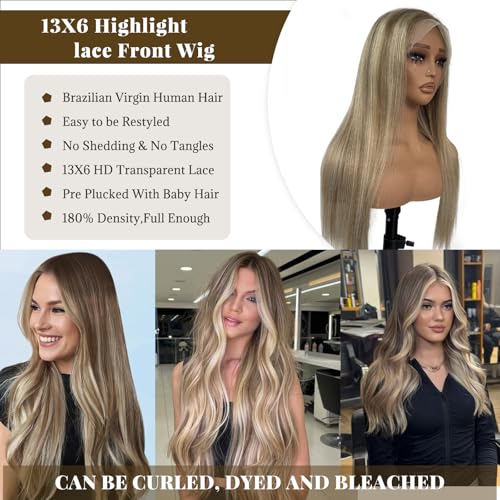 Image of Highlights Lace Front Wigs Human Hair Balayage Blonde with #3 Brown Roots HD Lace Front Wig Real Human Hair Ombre 180% Density Thick 13x6 Straight Frontal No Tangle Shedding Triple Lifespan 22 Inch